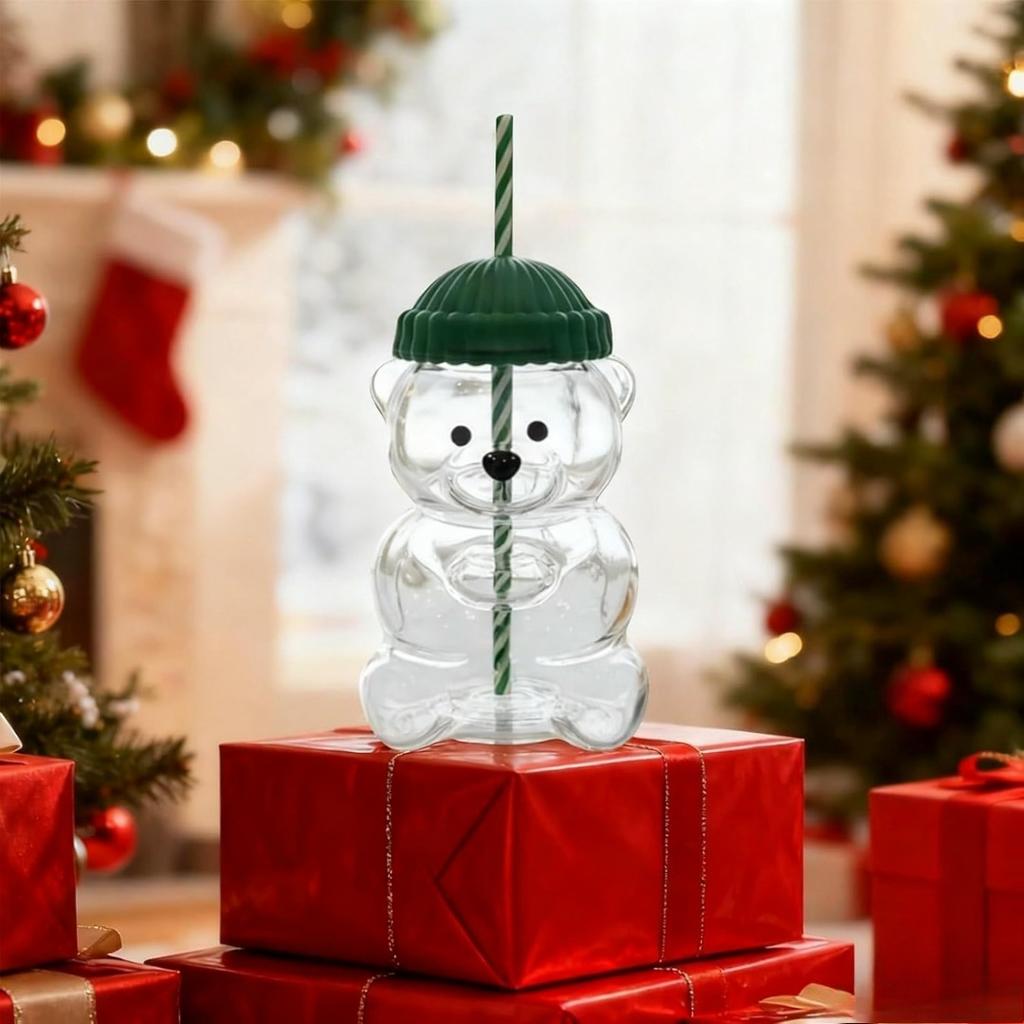 Cute Bear Shaped Glass Cup with Green Lid & Striped Straw, Transparent Animal Design BeverageContainer forCoffeeTea, Ideal Gift