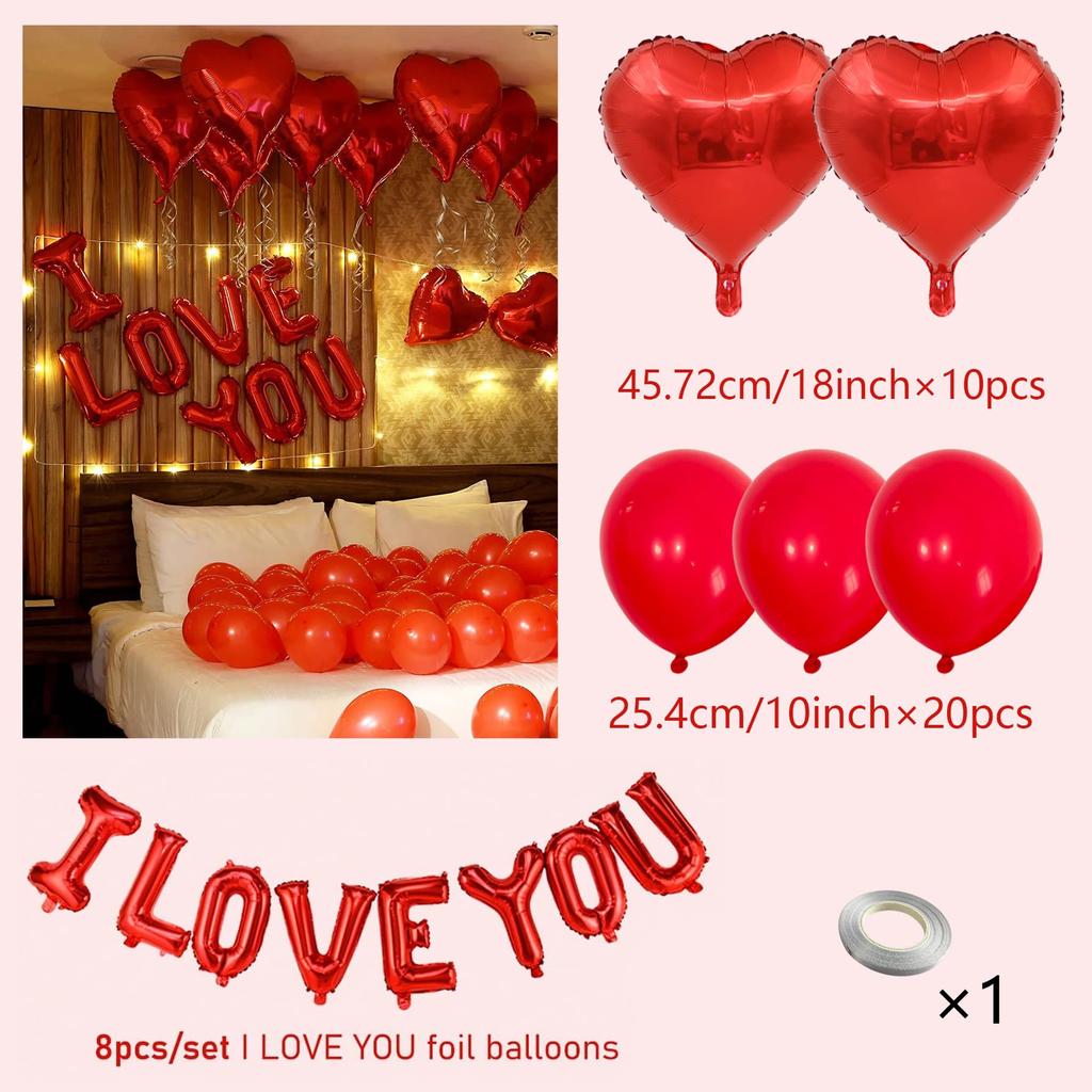 I LOVE YOU Banner & Heart Shaped Foil Balloon Set,   For Valentine's Day , Proposal, Birthday , Anniversary , Wedding  Decor