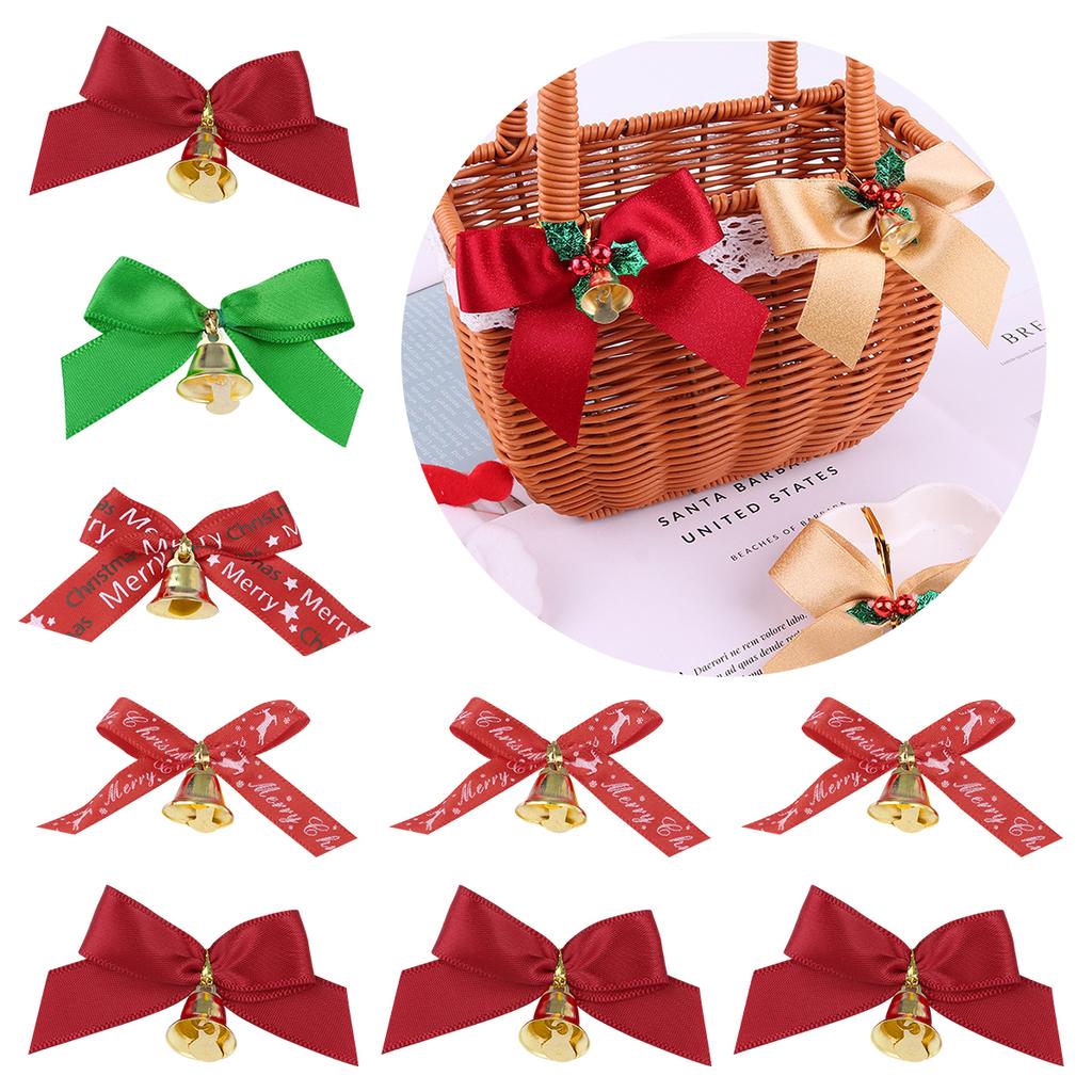 10pcs/lot Christmas Bow Exquisite Polyester Printed Bowknot With Bell For DIY Crafts Garment Ornament Christmas Tree Decoration
