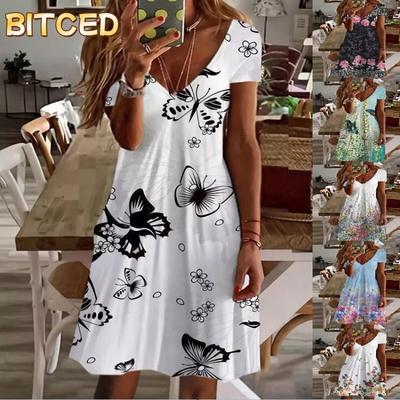 Fashion Summer Spring  Short Sleeve V-Neck Casual Dresses