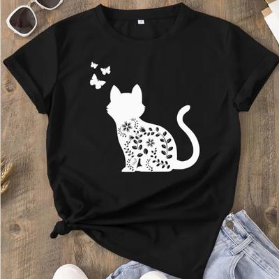Fashion Women Butterfly Branch Cat Print T Shirt Funny Casual O-neck Short Sleeves T-shirt Summer Female Tee Shirt