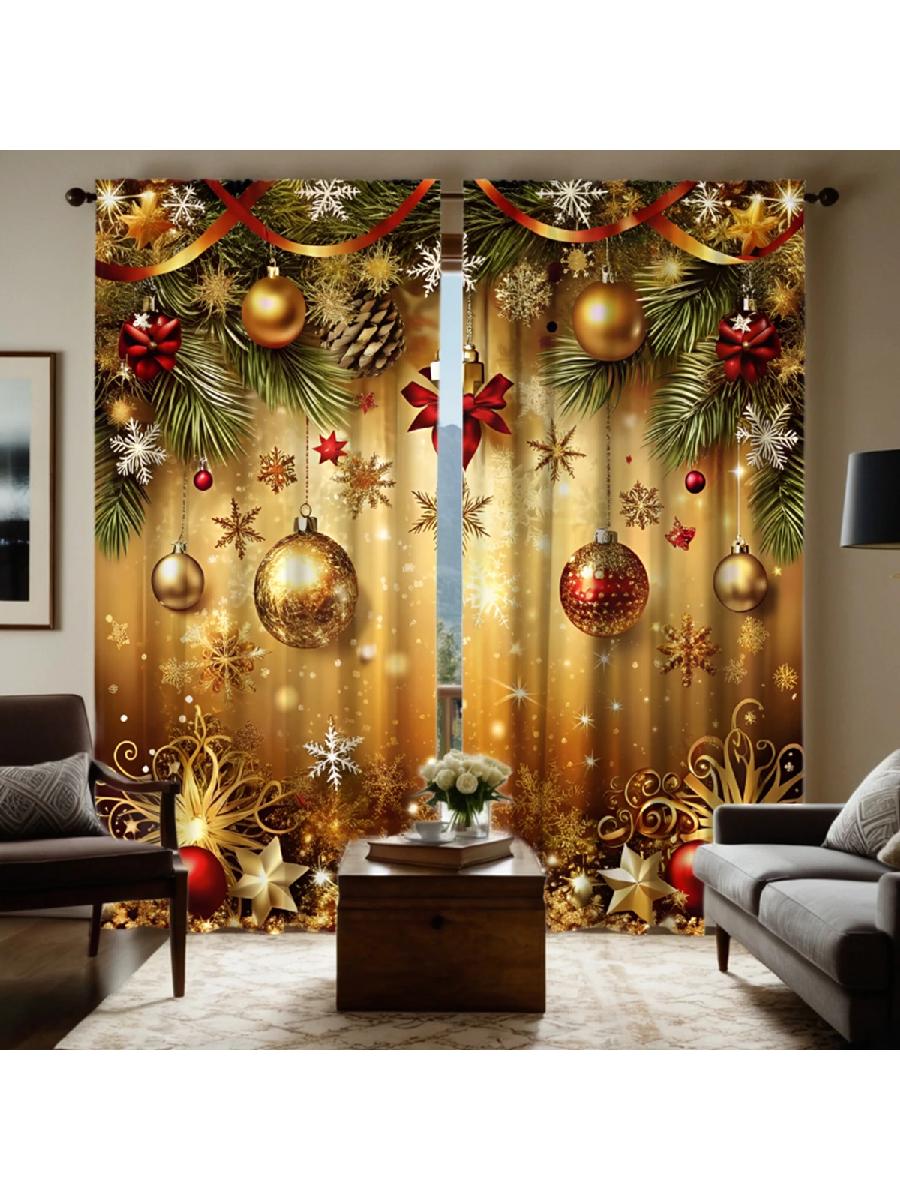 

Set Of 2 Luxurious Golden Christmas Ornament Pine Pattern Curtains Designed Light Blocking Premium Material Suitable Curtain Polyester W100*H70(CM)-Grommet top&1PCS