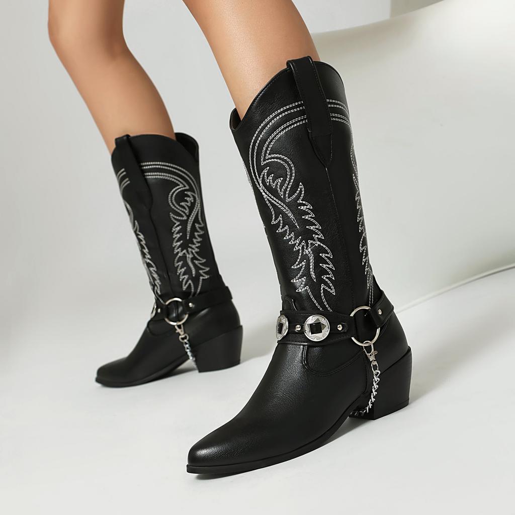 Embroidery Western Boots Women's Mid Calf Cowboy Boots Belt Buckle Chain Decor Shoes Comfy Med Heels Footwear