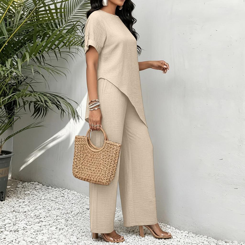 Women Loose Fit Round Neck Irregular Hem Mid Length Top Wide Leg Pants Casual Two Piece Set