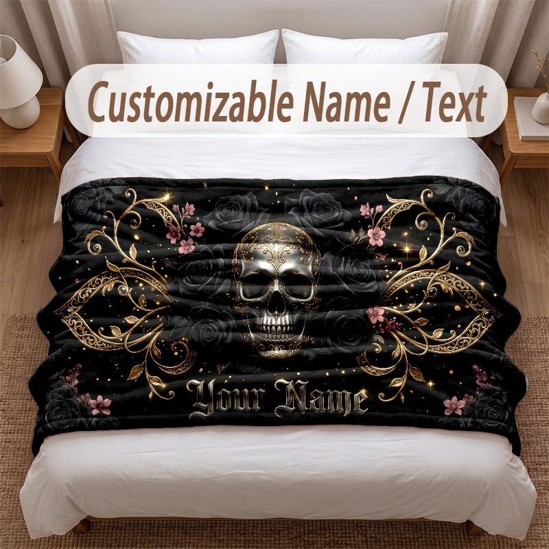 Skull Gothic Theme Soft Blanket Personalized Custom Name Text Print Warm Blanket Home Sofa Bedroom Decor