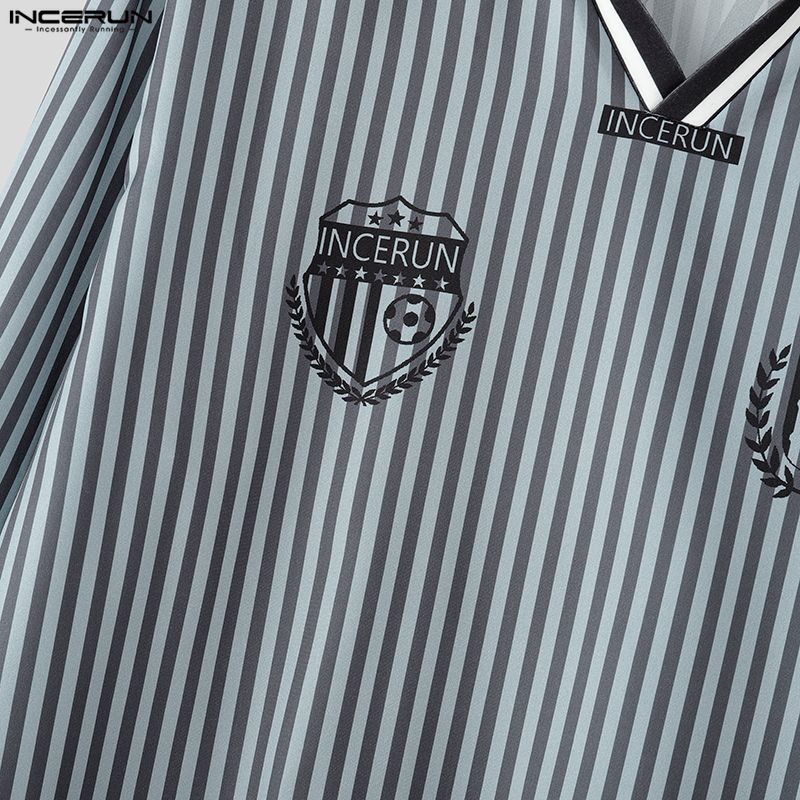 INCERUN Oversized Men Lapel Long Sleeve Striped Letter Print Casual Loose Tops T-Shirts