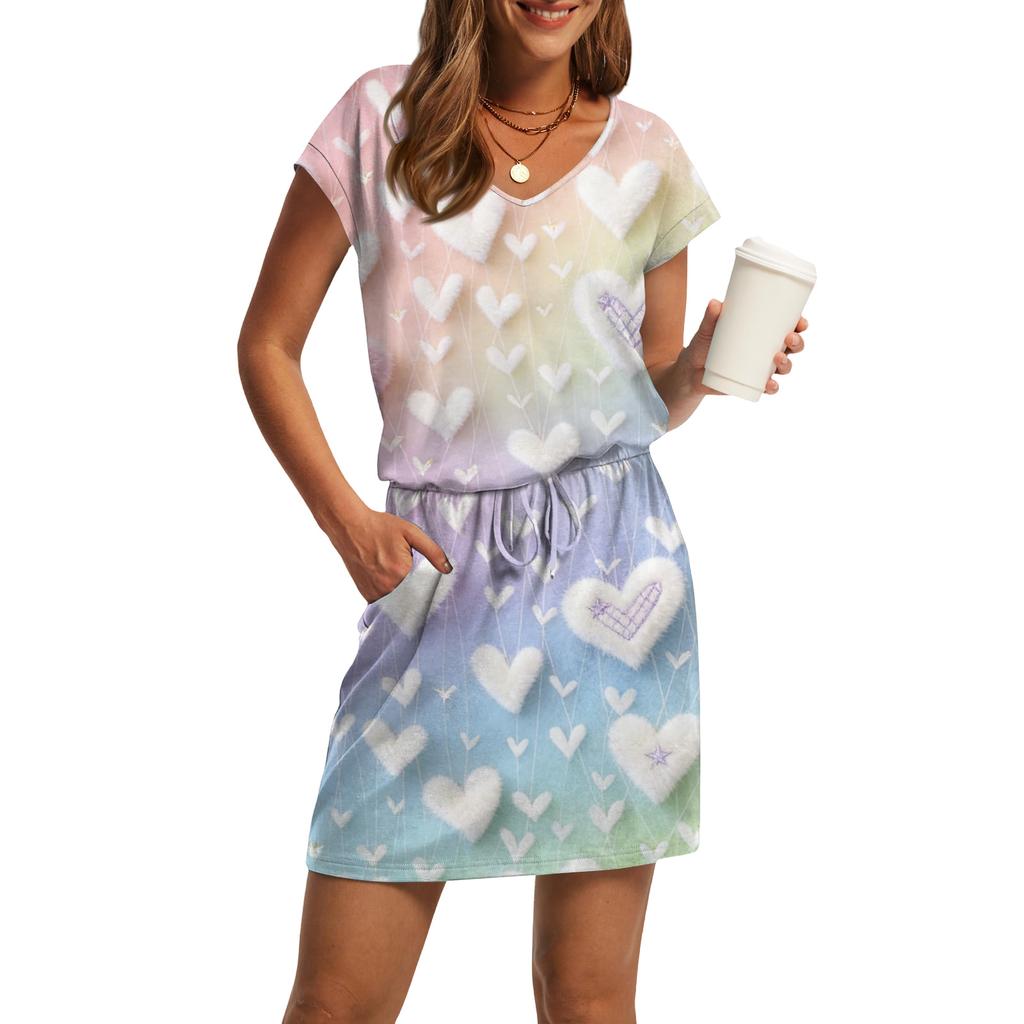 Vestito casual da donna con scollo a V, maniche corte, coulisse, tasca, stampa San Valentino