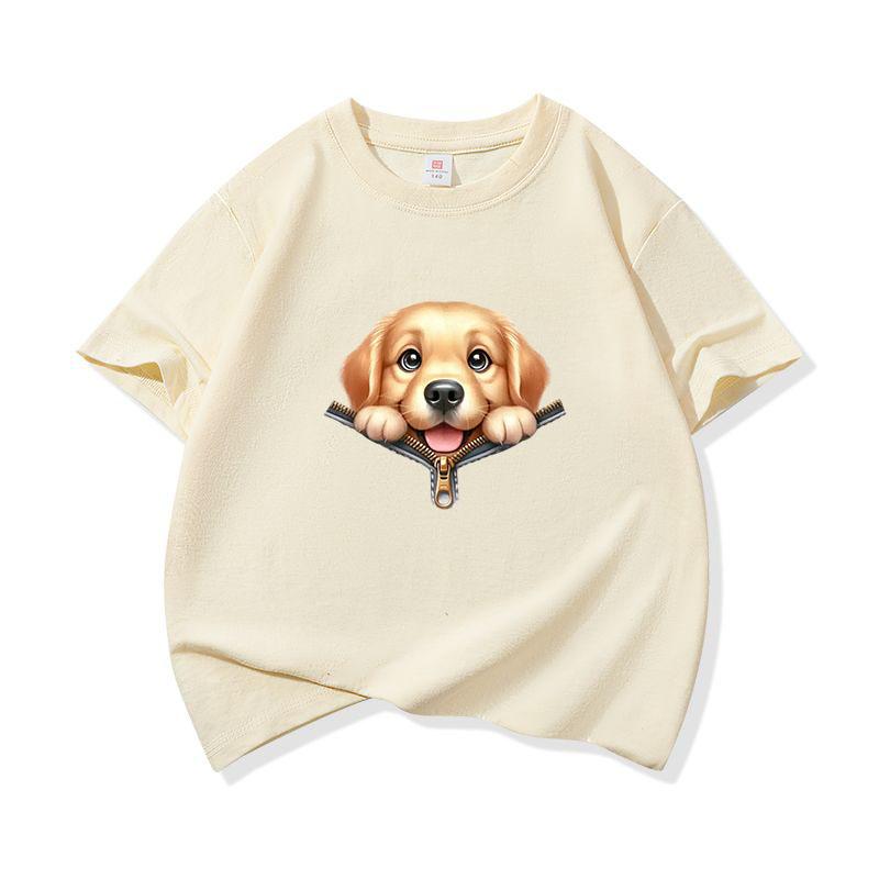 Kids Cotton T Shirt Cute Golden Retriever Zipper Print Crew Neck Short Sleeve Tee Casual Boys Girls Summer Tops