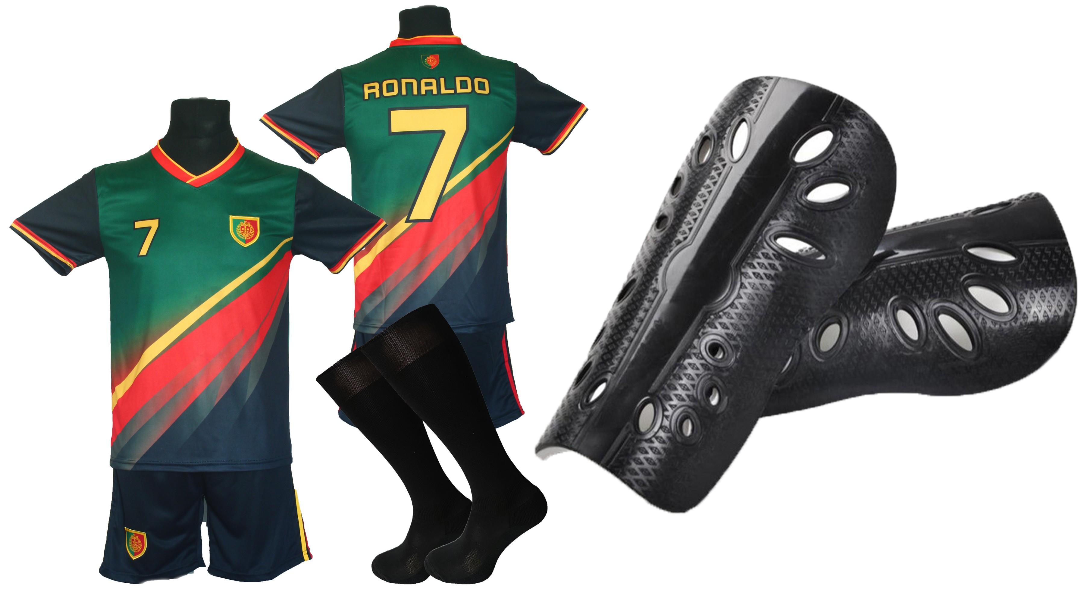 RONALDO Portugal Kinder-Fußballtrikot + Socken + Schienbeinschoner - Größe 140