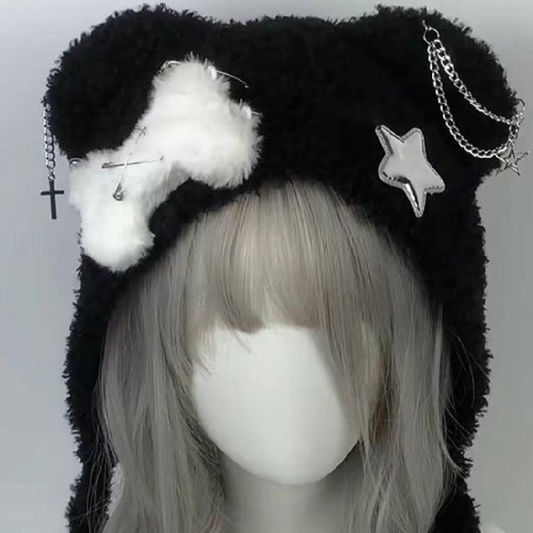 Warm Black Bear Hat with Ear Wing Furry Caps Cartoon Ear Hat Solid Color Winter Plush Hat for Casual Wear