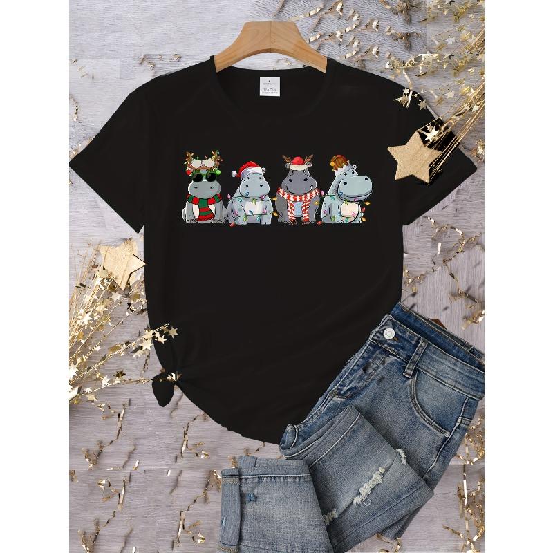 

Womens Hippopotamus Christmas Print T Shirt Retro Hippo Casual Crew Neck Short Sleeve Machine Washable Spring Summer Holiday Outfits Top 4XL