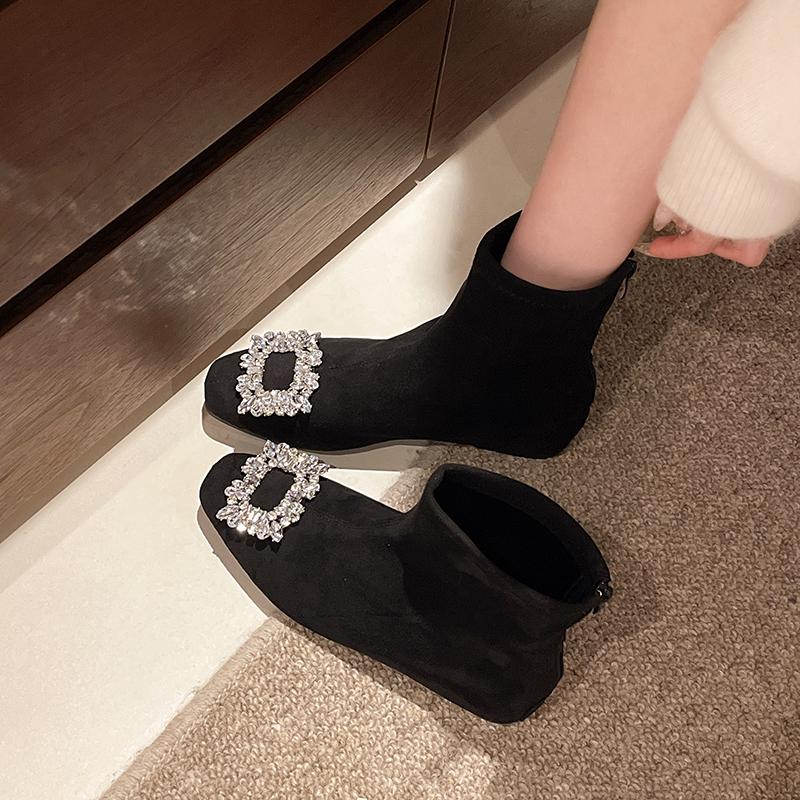 Fashion New Autumn Style Round Toe Suede Rhinestone Square Buckle Soft Sole Non-slip Wear-resistant Cotton Boots