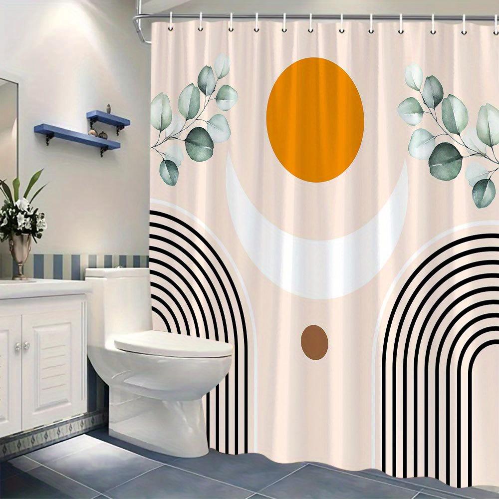 1 Stück Moderner Geometrischer Duschvorhang Mit Orangen Kreisen, Weißen Halbmonden Und Grün, Abstrakte Badezimmerdekoration, Polyesterstoff