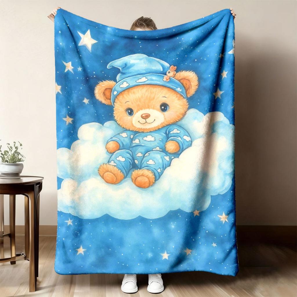 Night Sky Cloud Sleepy Bear Star Throw Blanket for Sofa Bedroom Office Birthday Anniversary Cozy Comfort Blessing Gestur