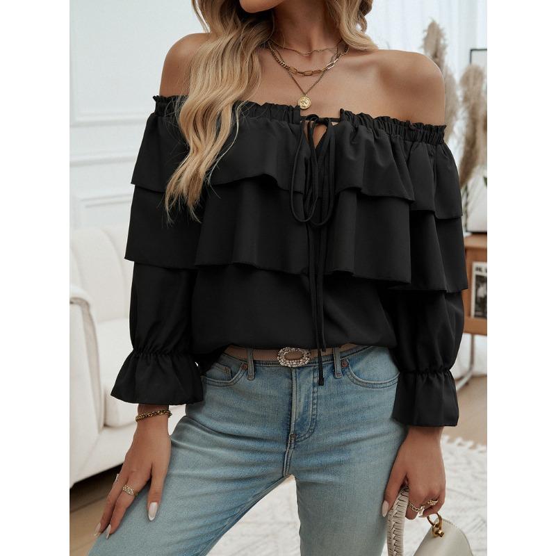 Women's Loose Drawstring Off Shoulder Lantern Sleeve Top