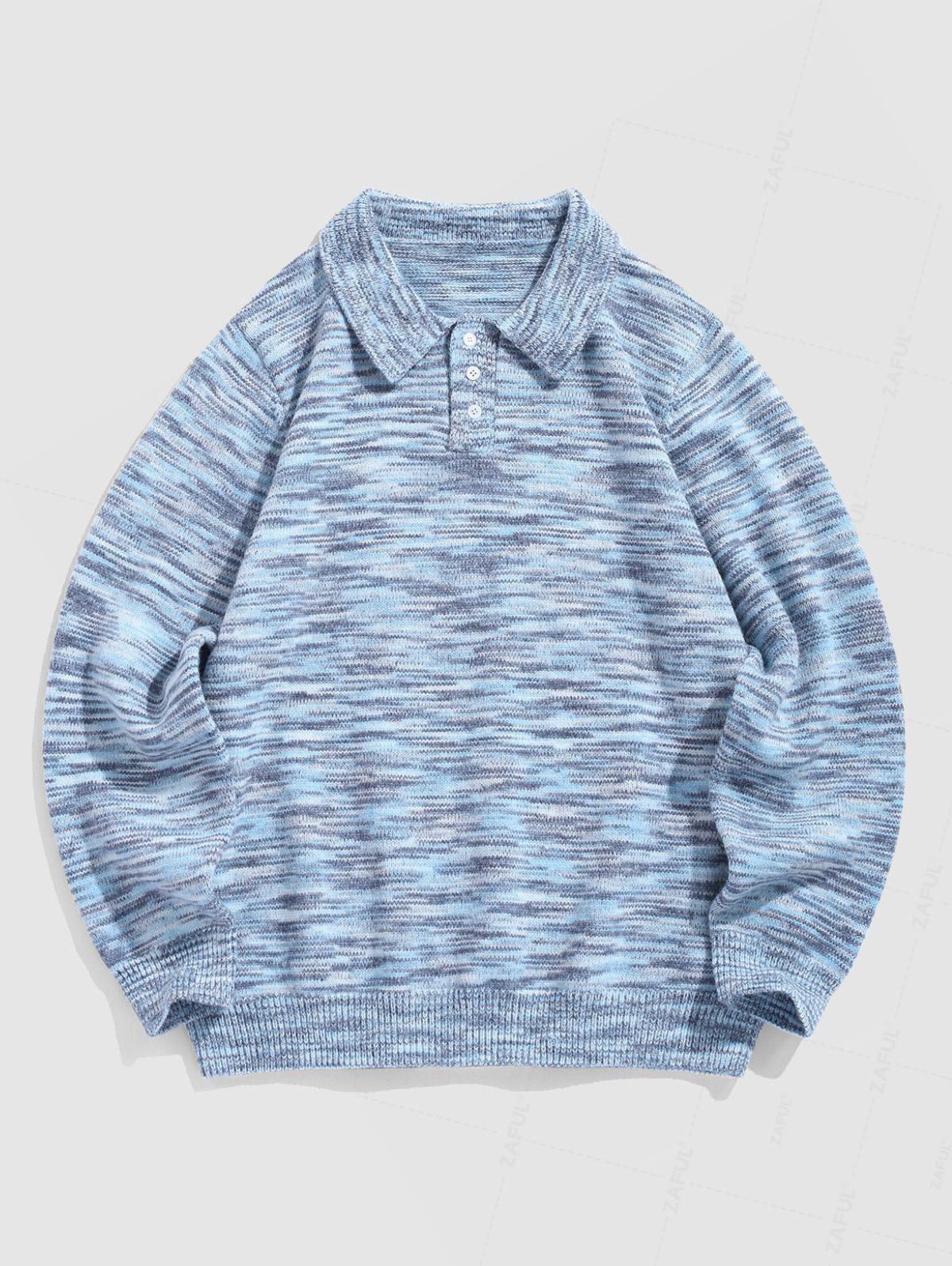 

Мужской пуловер из многоцветной пряжи омбре с поло-воротником на половину застегивающимся на пуговицы и длинными рукавами XL светло-синий