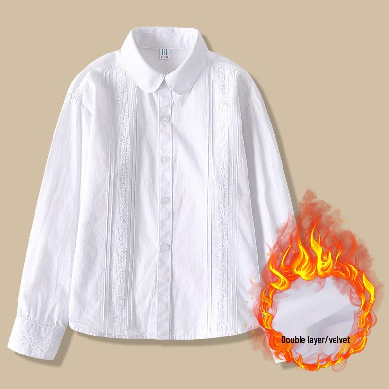 Girls' White Fleece-Lined Cotton Shirt: Long-Sleeved School Uniform for Elementary to Middle School.