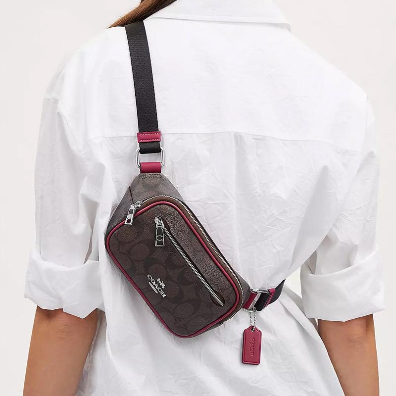 Coach Belt Bag 22 Classic Presbyopia Logo, Coated Canvas and Smooth Leather, Chest Bag, Shoulder Bag, Crossbody Bag, Small Size, Women's Style
