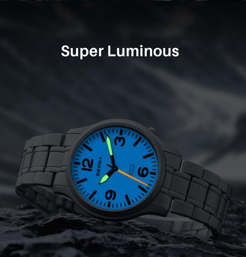 BERNY Titanium Watches for Men Super Luminous Dial Sapphire Outdoor Sports Field Quartz Watch Lightweight 5ATM Easy Read