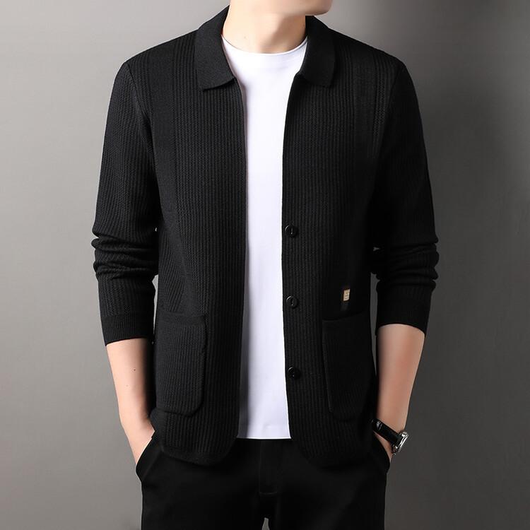 Men's Autumn Winter European High-end Suit Collar Solid Color Knitted Cardigan Button Business Casual Sweater Coat