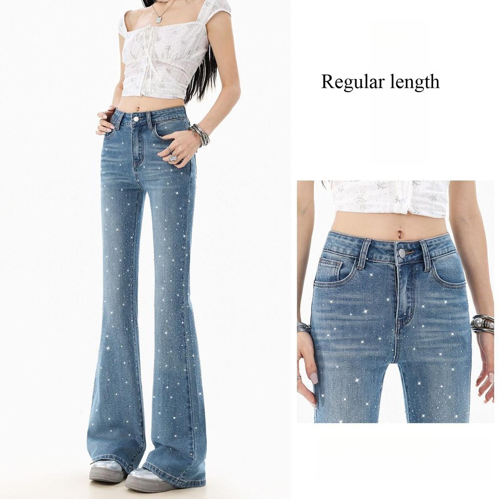Spring Summer All Star Rhinestone High Waist Slim Stretch Light Tone Fashion Micro Flare Denim Pants Women Casual Pants Oversize Denim Trousers