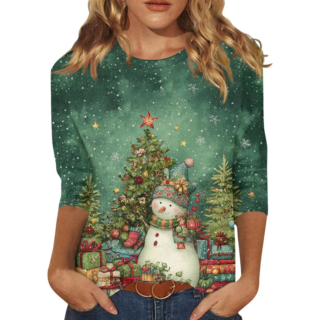 3/4 Sleeve Shirts For Women Print Christmas Tees Blouses Casual Plus Size Basic Tops Pullover