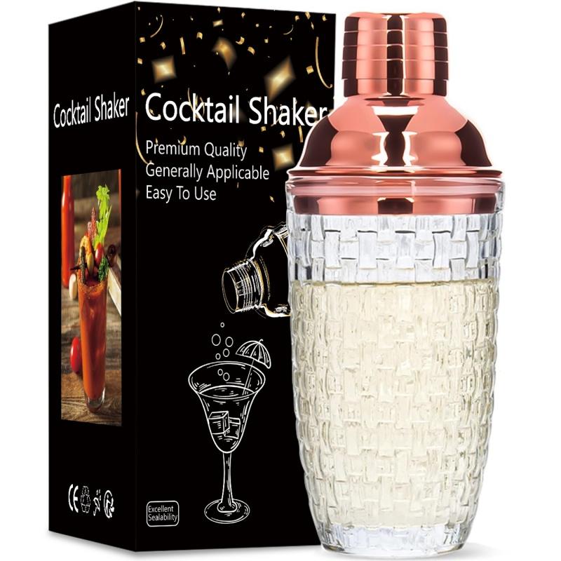 Shaker à cocktail simple en verre Couvercle en acier inoxydable Filtre Motif tressé/ananas Verre à mélange Shaker à cocktail Verre Outils de bar