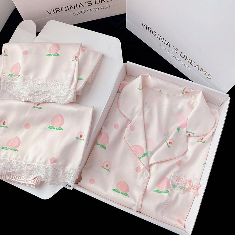 

Высококачественная пижама-тройка из ледяного шелка с коротким рукавом и персиковым принтом, женский летний комплект для отдыха 2XL