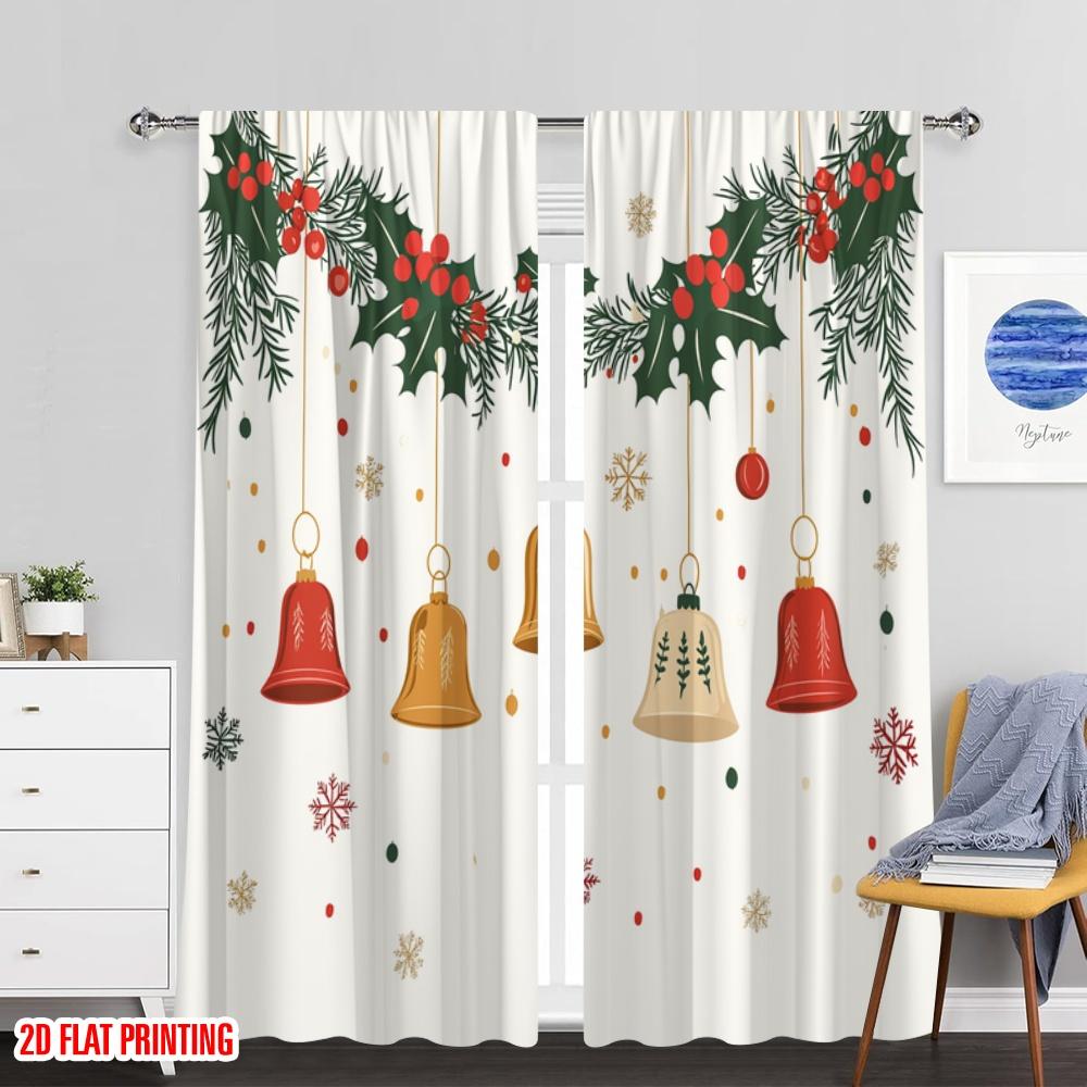 Set Of 2 Plane Printing Curtains Digital Printed Christmas Bells Holly Berries Polyester Woven Without Rod Festive Ldeal Curtain