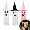 Halloween Light Up Smiling Ghost Hanging Decoration with Witch Hat Long Fringe Design for Indoor Outdoor Party Use