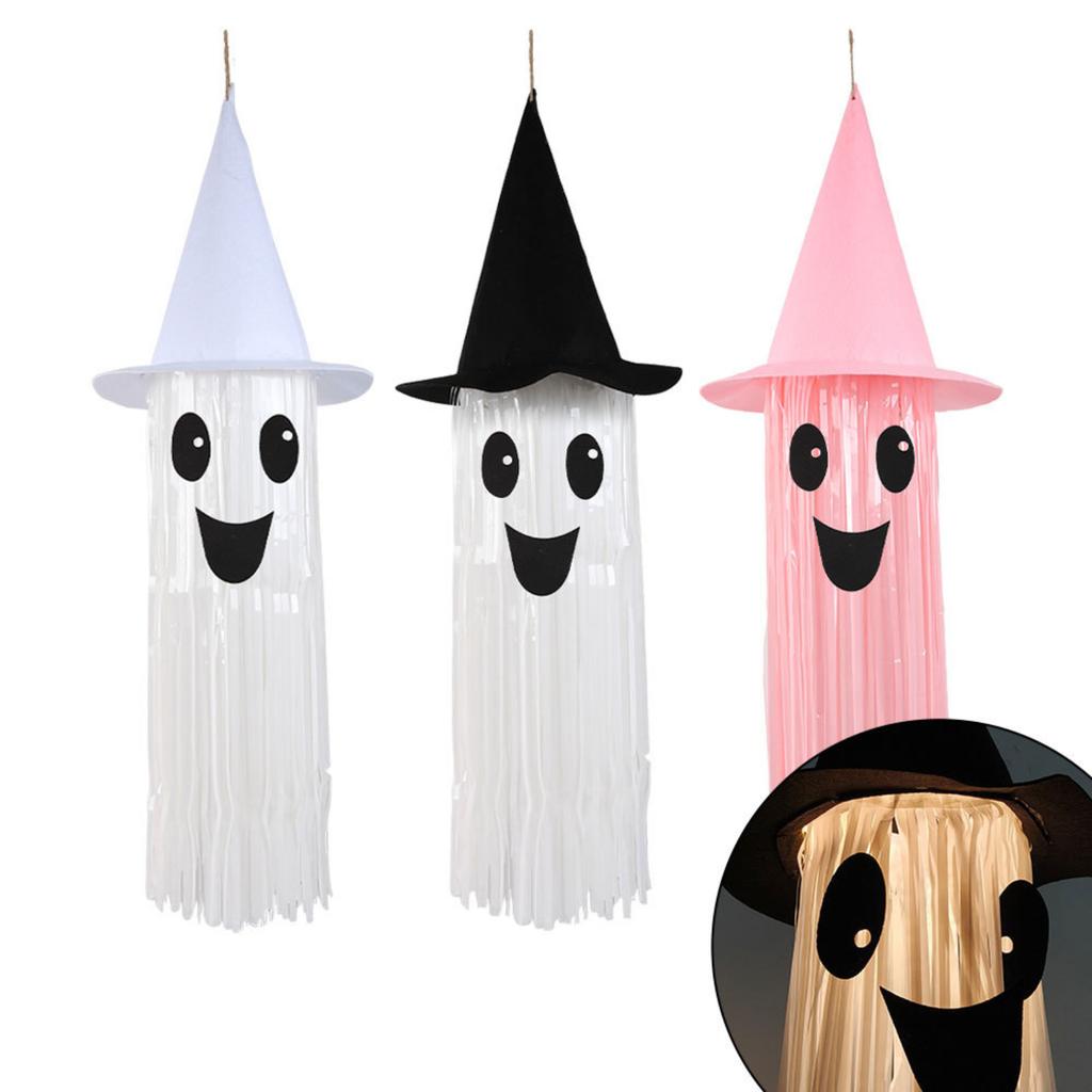 Halloween Light Up Smiling Ghost Hanging Decoration with Witch Hat Long Fringe Design for Indoor Outdoor Party Use