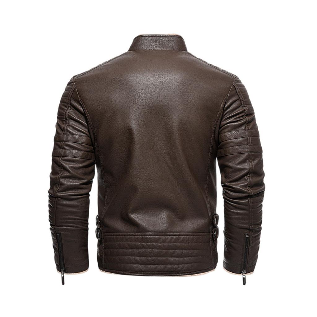 Men's Multi-Pocket Plush Thickened PU Leather Jacket Business Casual Jacket