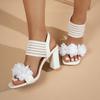Fashion Woman Sandals Flower High Heel Sandals Women Mesh Elastic Strap Square Toe Sandals Slip On Thick Heeled Dress Party Shoes Woman