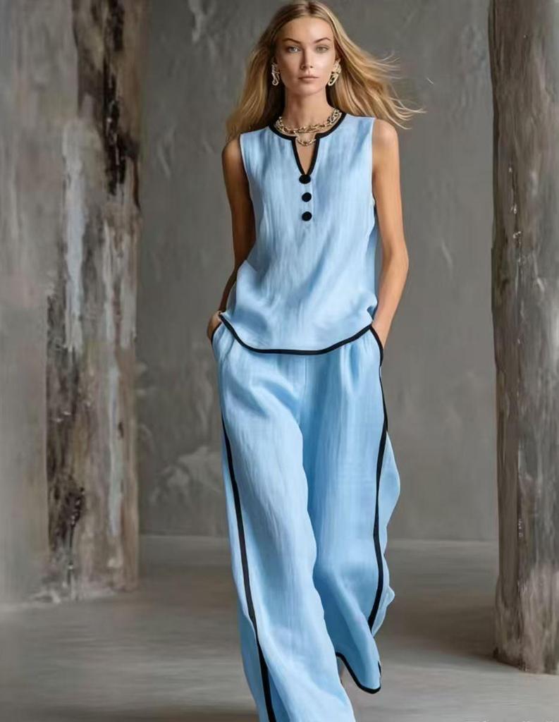European Style V-Neck Sleeveless Top with Black Trim & Color Blocking, Paired with Simple High-End Wide-Leg Pants - 2026 Summer Collection