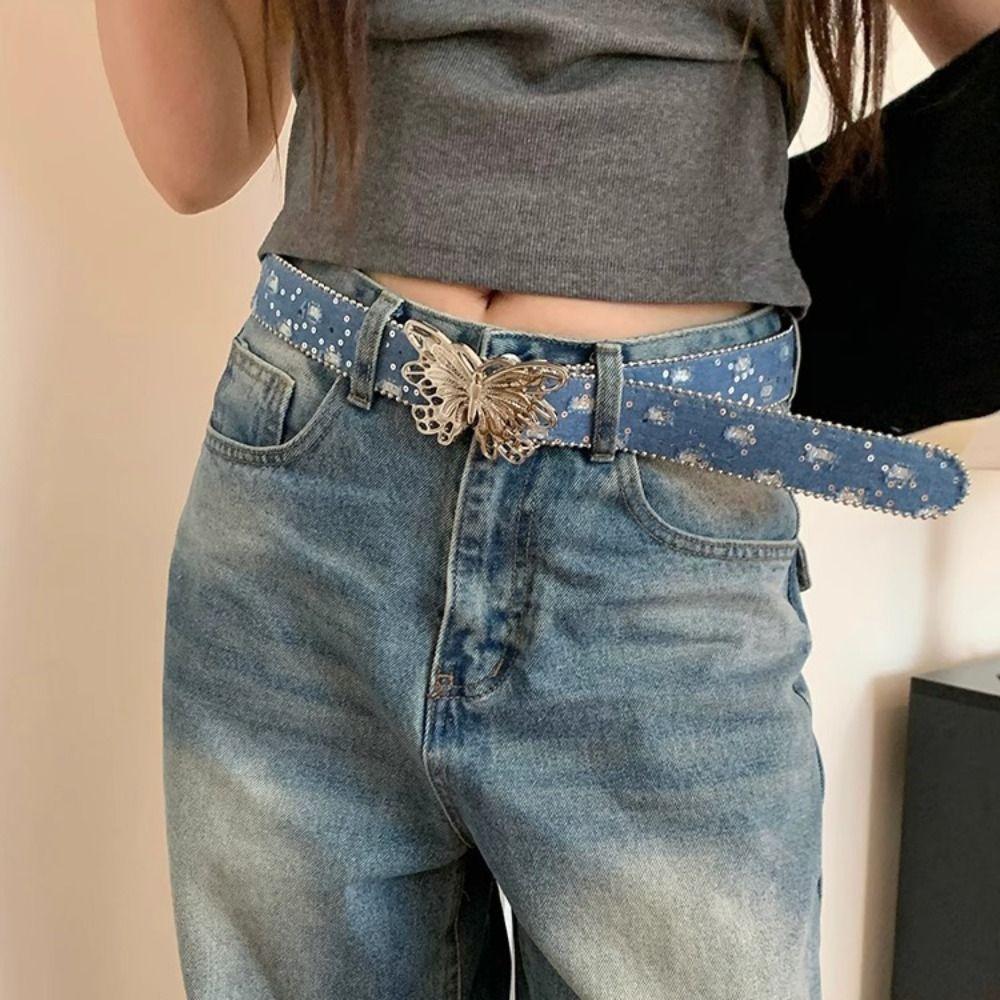 Metal Buckle Y2k Jeans Belt Rhinestone Women's Waist Belt Butterfly Buckle Waist Belt Female