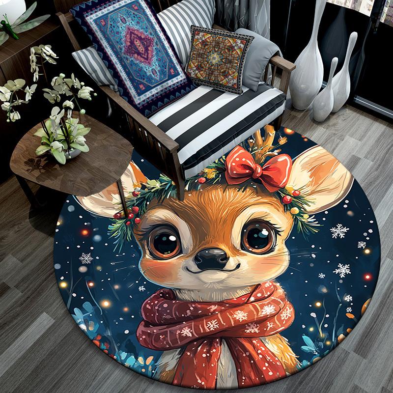 Cute Deer Round Area Rug,Carpet Rug for Living Room Bedroom Sofa Playroom Decor,Non-slip Floor Mat