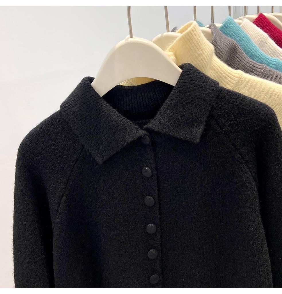 Women's Polo Collar Knitted Cardigan - Thick, Stylish, High Collar, Single-Breasted for Autumn and Winter