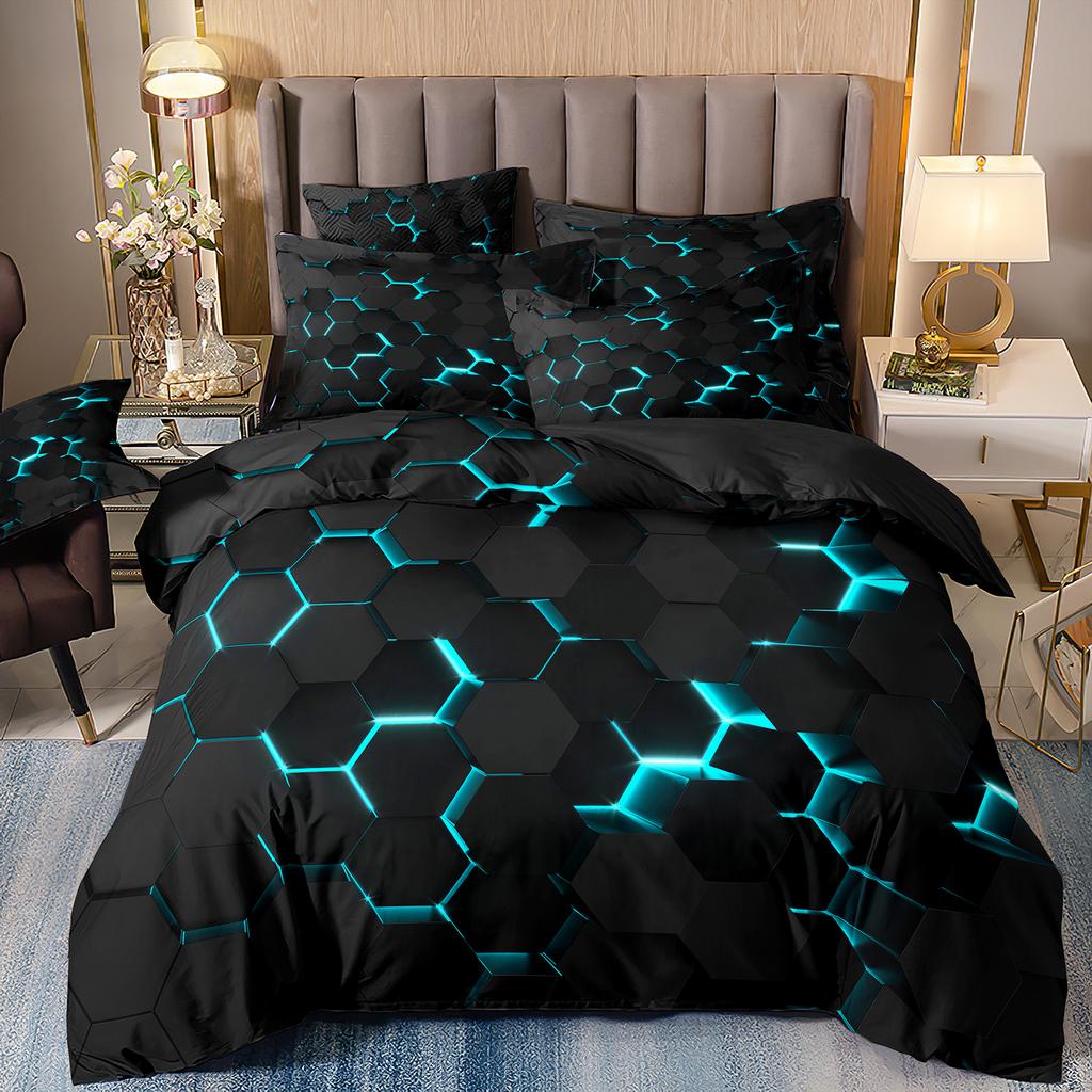 Red Glowing Bedding Set,Abstract King Duvet Cover Honeycomb Quilt Cover For Teens Adults Geometry Hexagon Bed Set