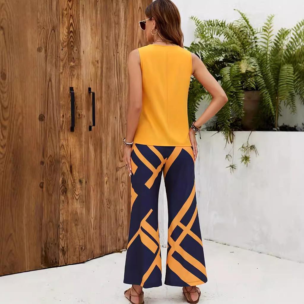 Women's set casual solid color sleeveless round neck vest geometric print trousers two-piece set