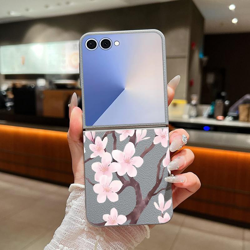 Z Flip 7 Case Hand-drawn Style Sakura Pattern Leather Texture Folding Fhone Cover For Samsung Galaxy Z Flip 7 6 5 4 Flip7 Flip6 Flip5