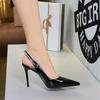 Women Pointed Toe Patent Leather High Heels Shallow Vamp Rhinestone Decorated Backless Strap Dress Shoes