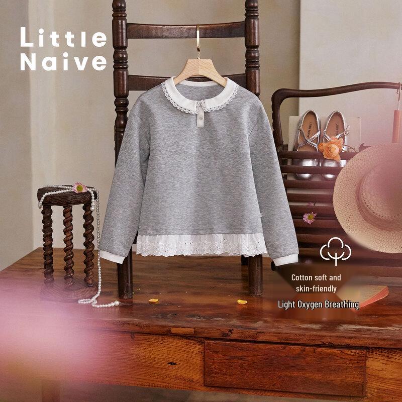 Little Naive Girls' Lace Doll Collar Cooling Cotton Long-Sleeve Top