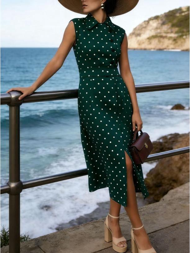 European Sleeveless Polka Dot Retro Dress with Lapel and Faux Button Lace-up Design