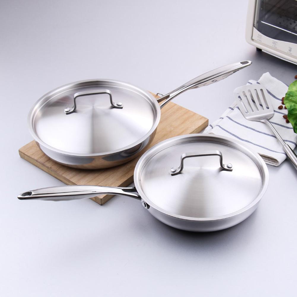 Stainless Steel Frying Pan Uncoated Non-Stick  Pot Kitchen Cookware Saucepan with Long Handle