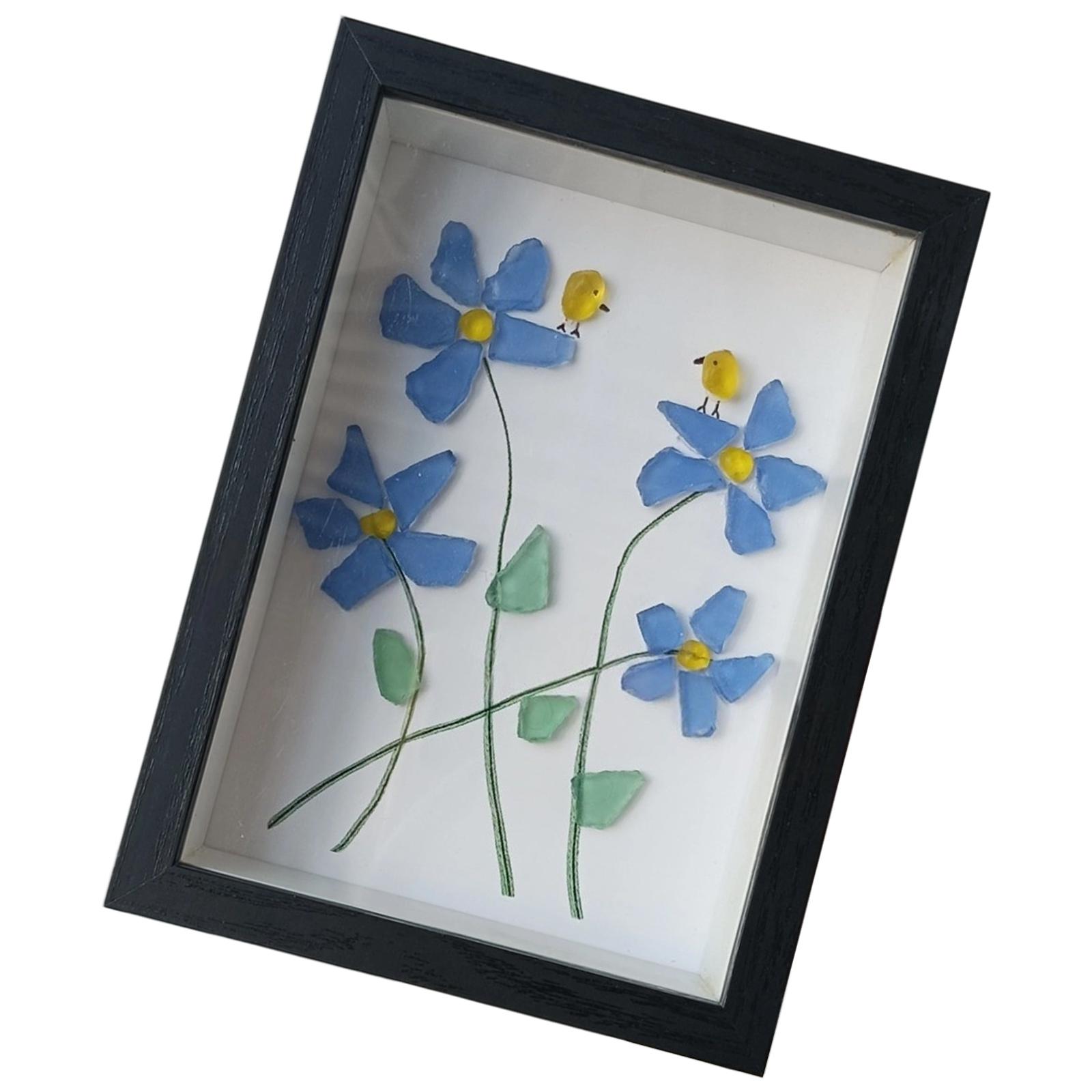 

Sea Glass Birds Flower Table Art with Frame Handmade Sea Glass Artwork Decorative Ornament for Wedding Home Decors