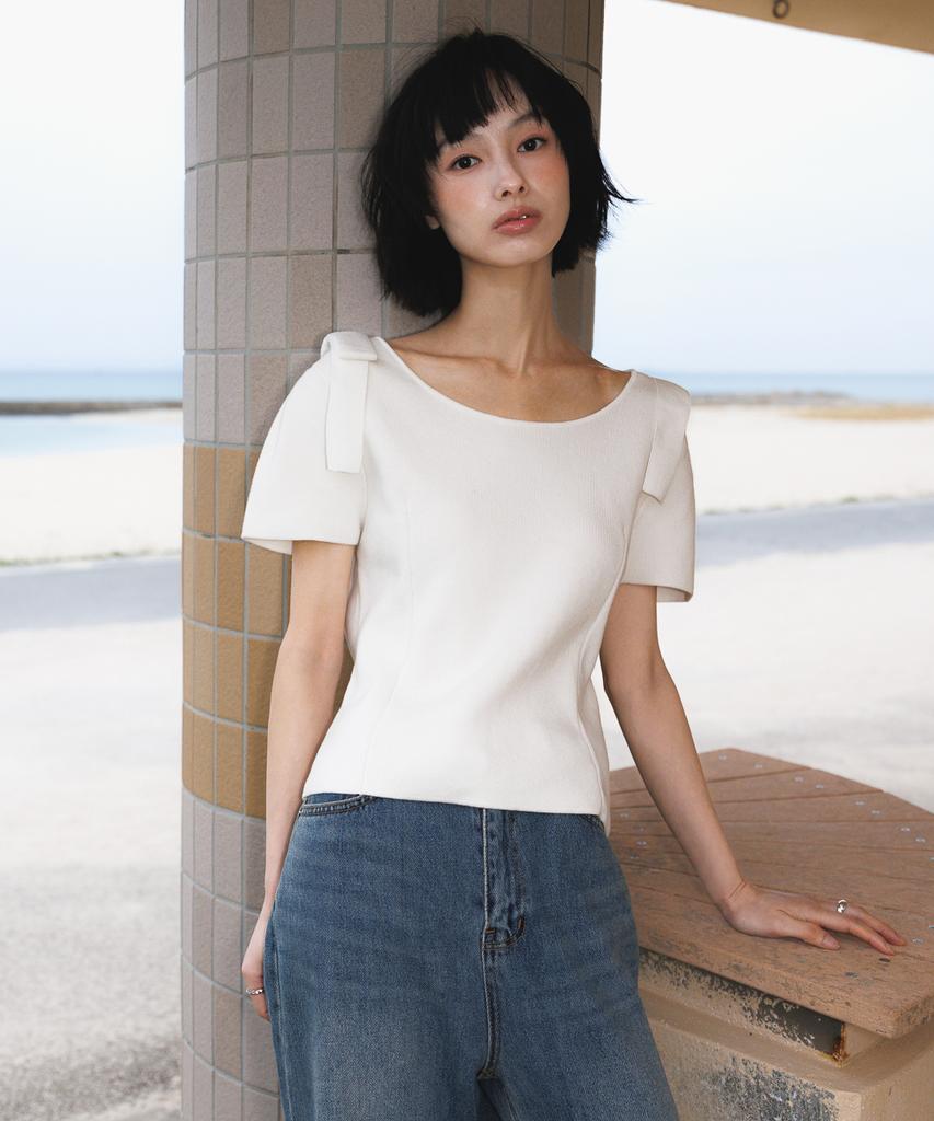 DEHEVE Boat Neck Ribbon Knit [Ivory]