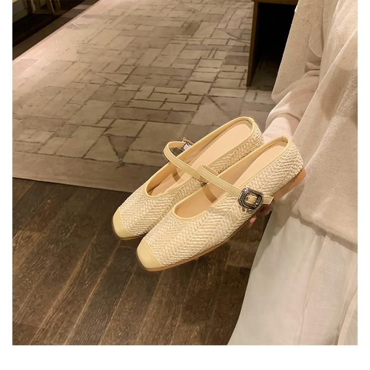 Sheepskin~ Grape Mother Inner Height Increase 5cm Slippers Women's Straw Woven Square Head Cool Slippers Lazy Bag Head Half Drag Summer Outer Wear