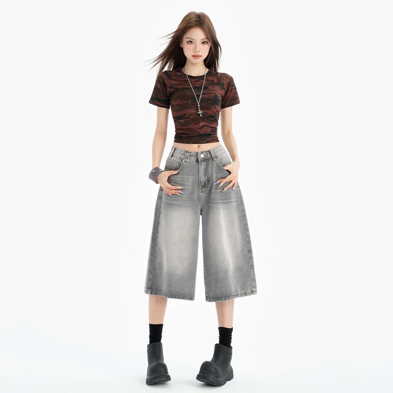 Women's 2025 Retro Wide-Leg Denim Jeans: Trendy, Versatile, Mid-Length Summer Pants