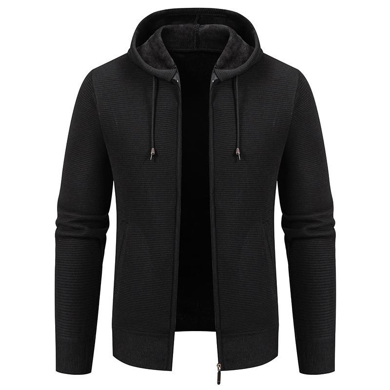Men S Solid Color Hooded Fleece Knit Cardigan Autumn Winter Casual Coat