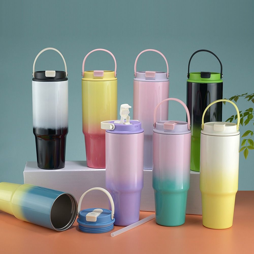 With Straw Stainless Steel Insulated Cup Cold Hot Mugs Car Cup Milk Gradient Thermos Cup Travel